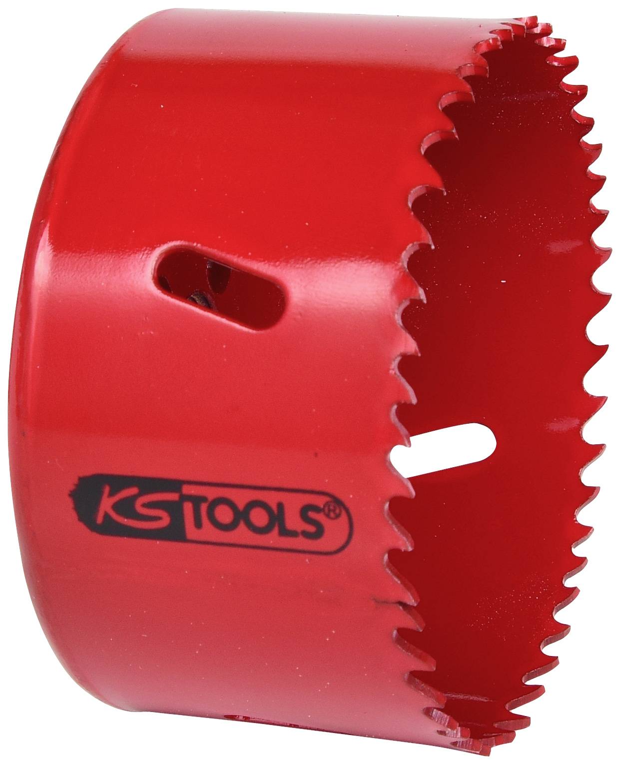 Červená dierová píla so zúbkatým ostím a čiernym logom 'KS Tools'.
