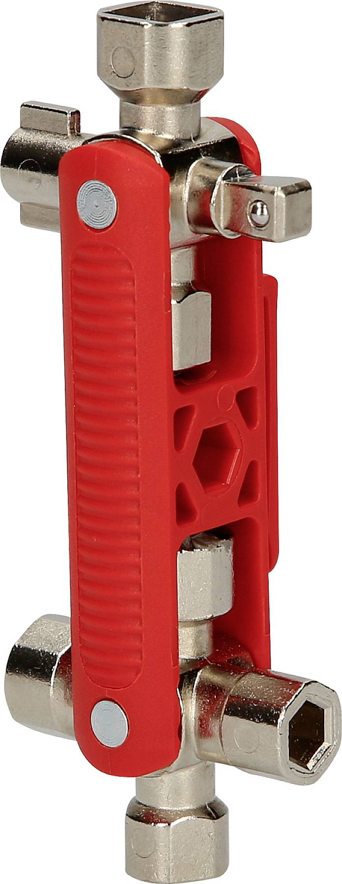 Červený multifunkčný nástroj s viacerými nástavcami a kĺbovými bodmi, vhodný pre všestranné použitie.