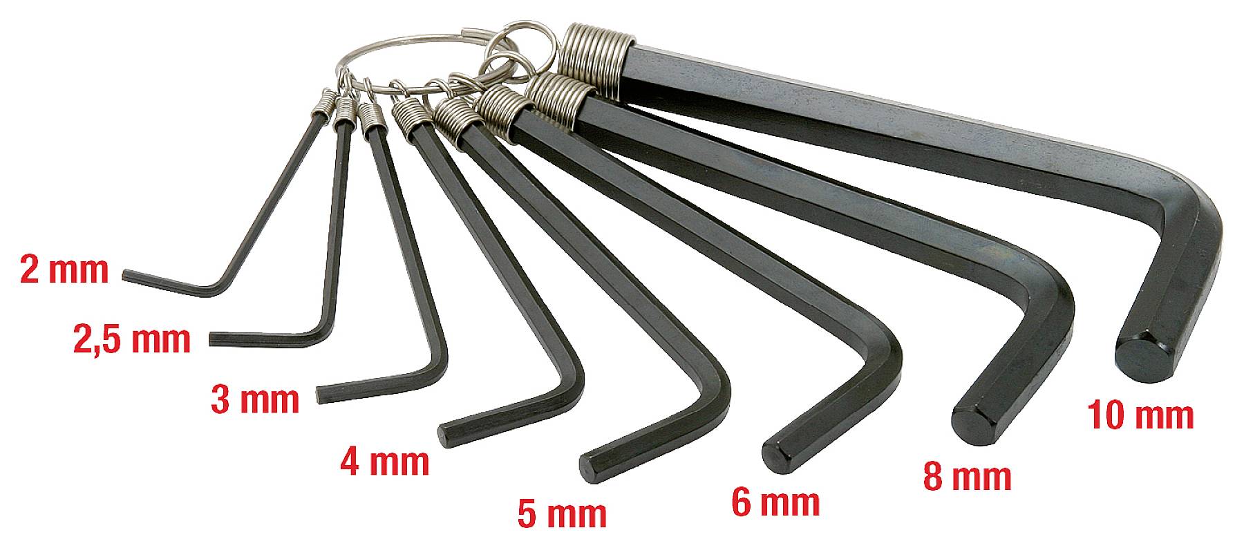 Osem inbusových kľúčov na kľúčenke, usporiadaných podľa veľkosti od 2 mm do 10 mm, s jasnými rozmermi vyznačenými červenou farbou.