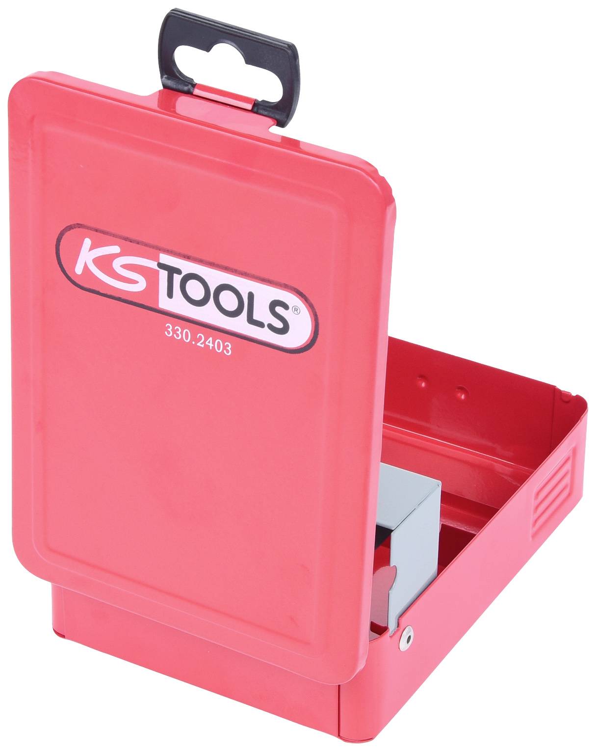 Červený kovový box s logom 'KS Tools' na prednej strane. Box je otvorený a odhaľuje vnútorný priestor s priehradkou.