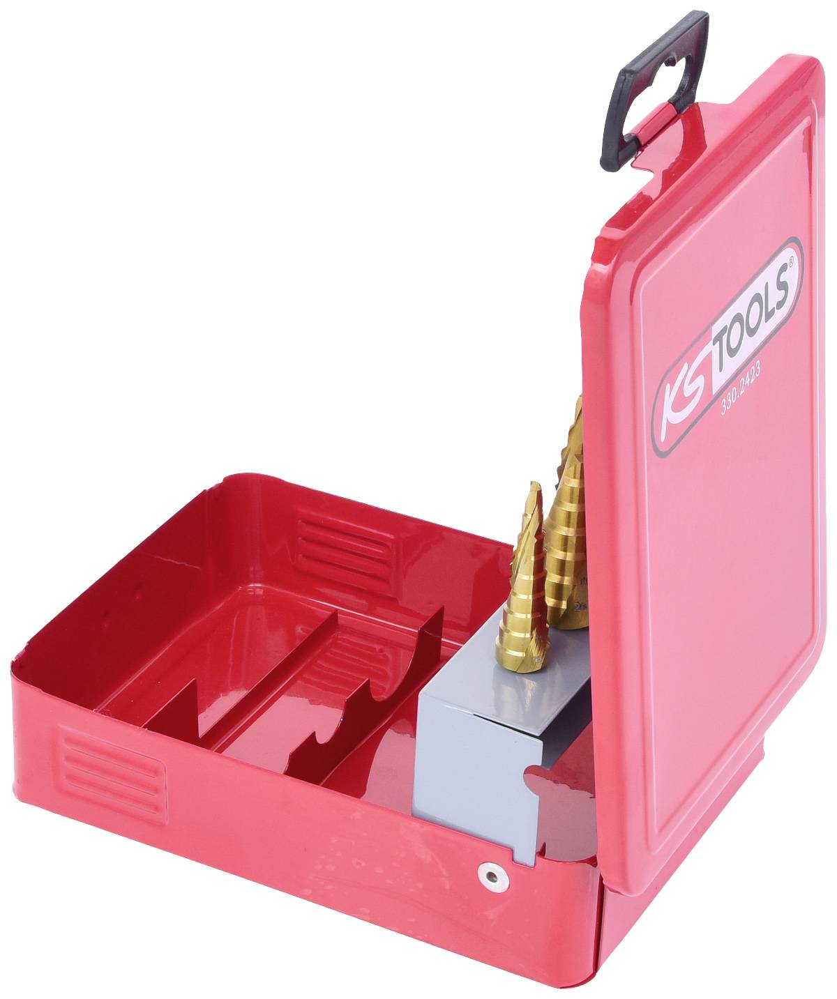 Červený kovový kufrík s nápisom 'KS Tools', obsahujúci dva stupňovité vrtáky na sivom držiaku.