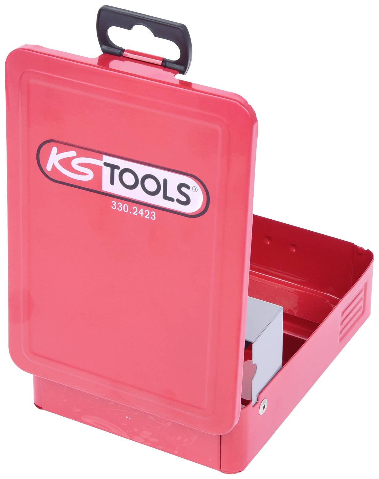 Červený kovový kufrík s čiernou rukoväťou, značka 'KS TOOLS' na veku, čiastočne otvorený, obsahuje iné náradie.