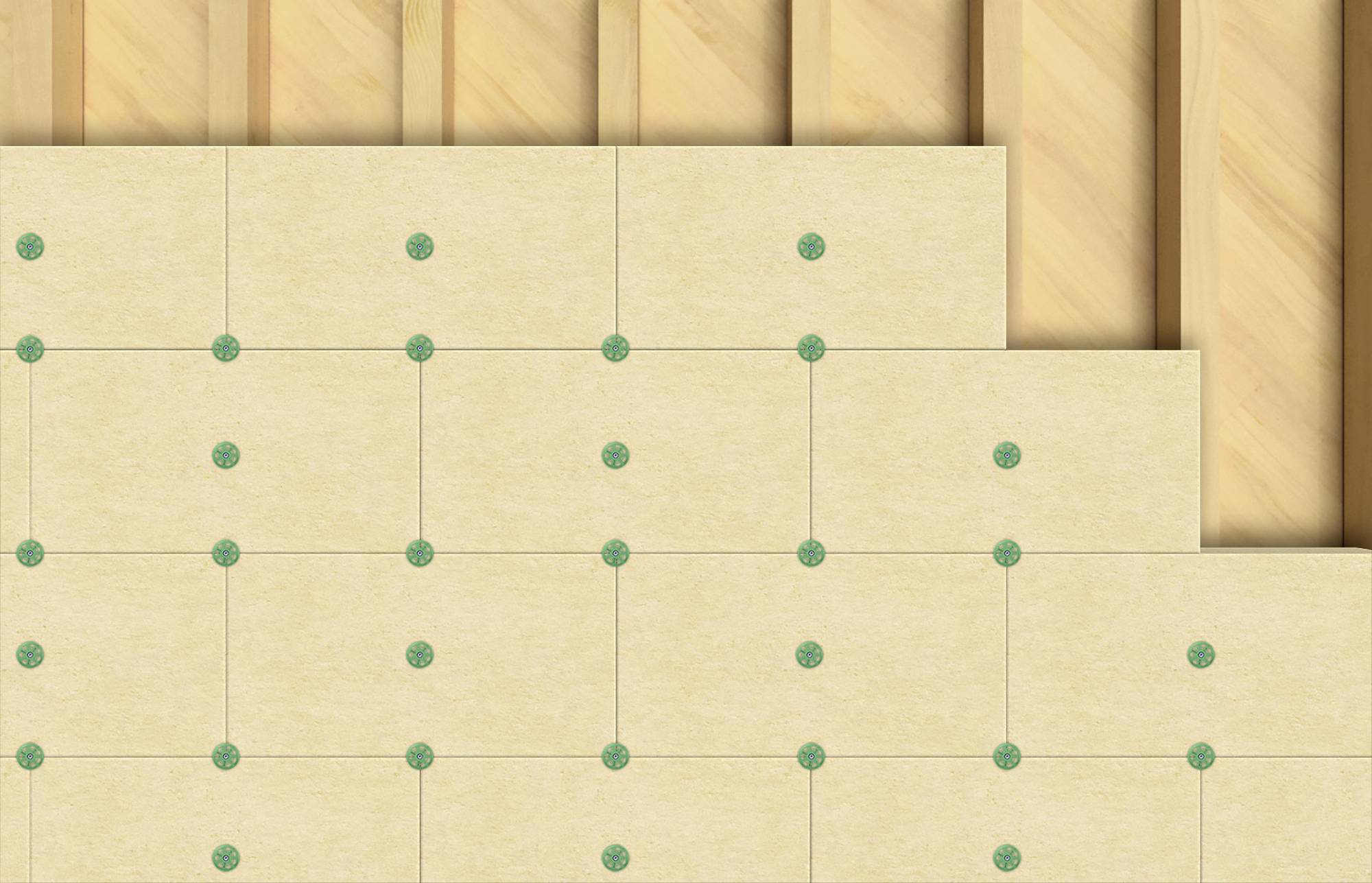 Dlaždice sakladú diagonálne cez drevené laty, pričom zelené krížiky označujú miesta na vŕtanie.