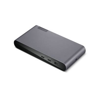 Sivá dokovacia stanica s portami vrátane USB-C a USB-A, označená logom 'Lenovo' na hornej strane.