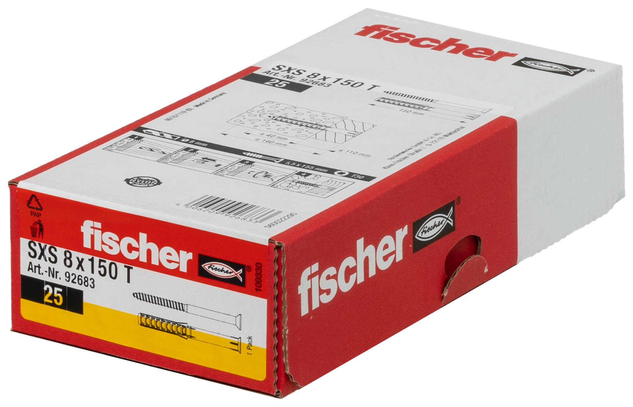 Červená krabica Fischer 'fischer' s 8 x 150 T nástenných kotvami SXS, označená s podrobnosťami produktu a množstvom 25.