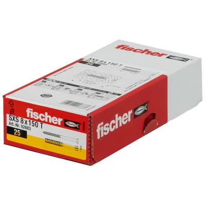 Červená krabica Fischer 'fischer' s 8 x 150 T nástenných kotvami SXS, označená s podrobnosťami produktu a množstvom 25.
