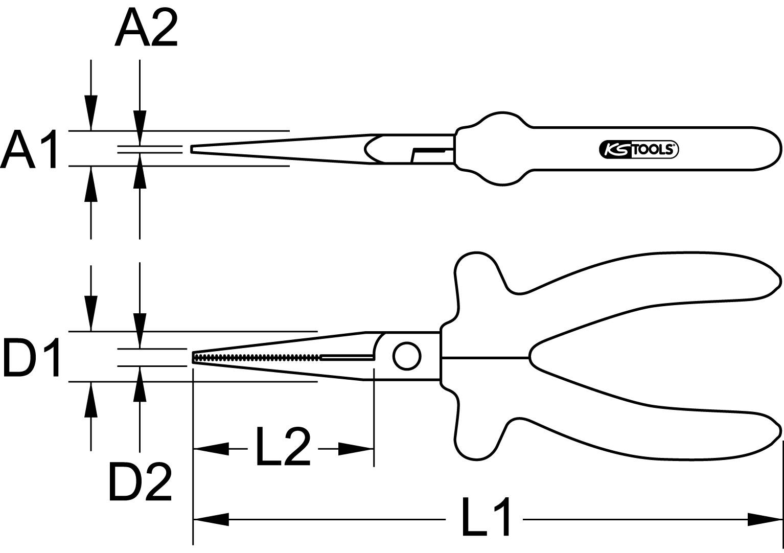 Nákres špicatých klieští s rozmermi: Dĺžka klieští (L1), dĺžka čeľuste (L2), šírka hrotu (A1, A2), šírka rukoväte (D1, D2).