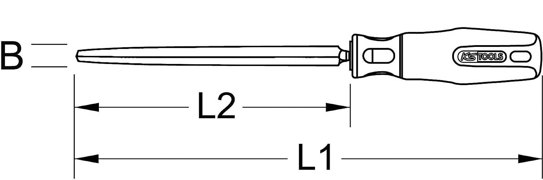 Diagram skrutkovača s údajmi o dĺžke: B je priemer rukoväte, L1 je celková dĺžka, L2 je dĺžka čepele.