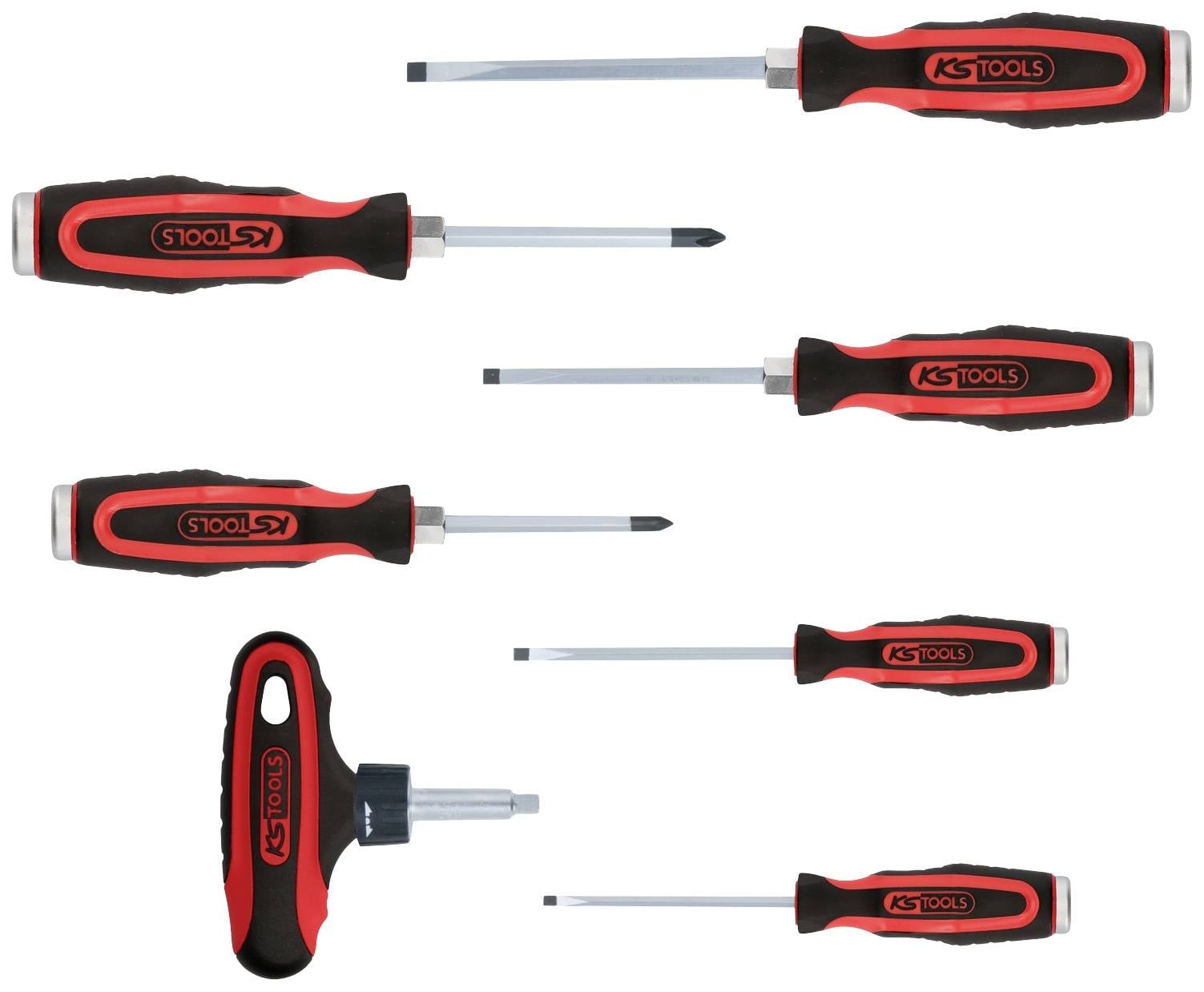 Šesť skrutkovačov a skrutkovač s T-rukoväťou, všetky s červeno-čiernymi rukoväťami a logom KS Tools.