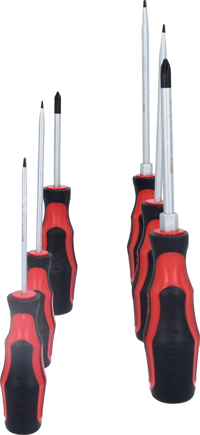 Súprava šiestich skrutkovačov s červeno-čiernymi rukoväťami, s rôznymi typmi a dĺžkami klínov, stojaca vzpriamene.