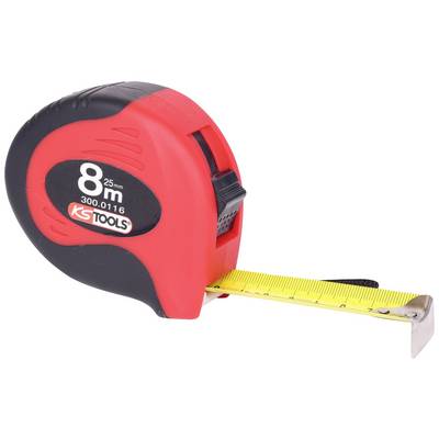 Červený meter so žltou navíjacou páskou a čiernou stupnicou. Nápis '8 m, 25 mm, KS Tools'.