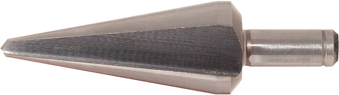 Kužeľový kovový vrták s vrúbkovaným povrchom, používaný na rezanie alebo tvarovanie materiálov.