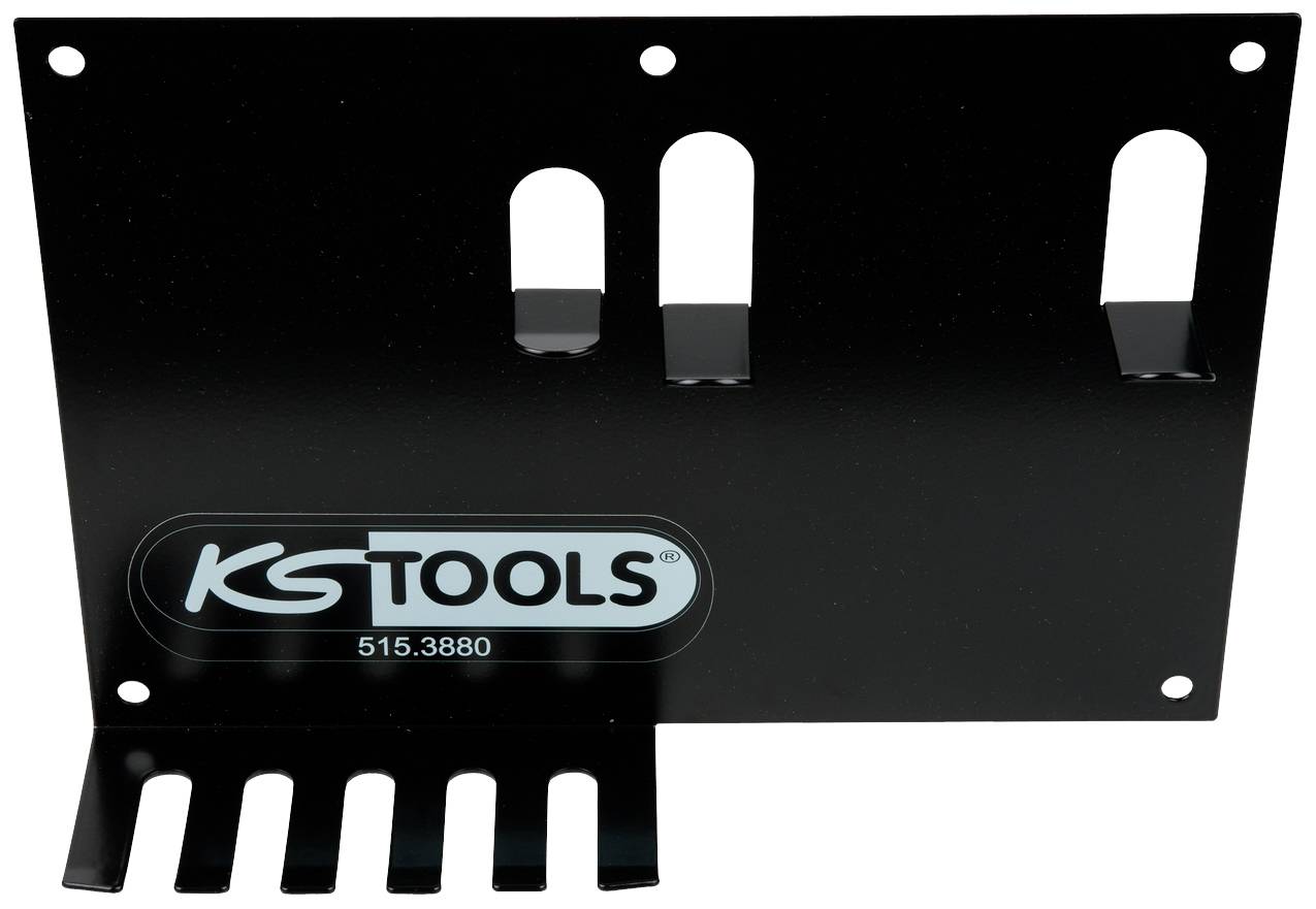 Čierny stenový držiak so zaoblenými háčikmi a troma drážkami hore, na prednej strane viditeľná značka 'KS Tools 515.3880'.