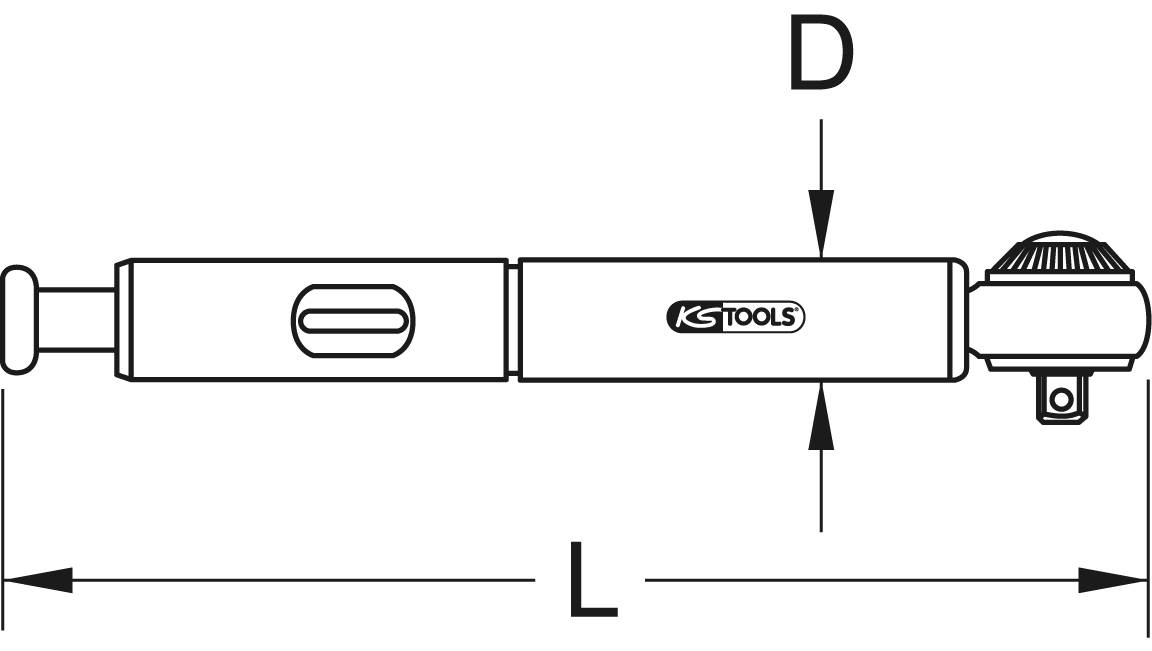 Diagram teleskopického momentového kľúča s vyznačeniami dĺžky (L) a priemeru (D), s nápisom 'KS TOOLS'.