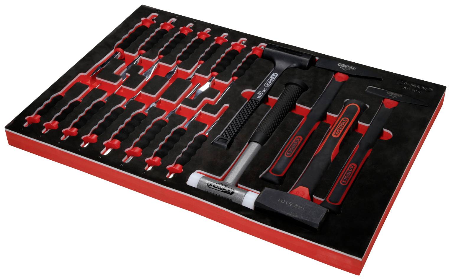Organizér s rôznorodými ručnými nástrojmi vrátane skrutkovačov a kladiva, uložený v penovou vložke pre systematické uskladnenie.