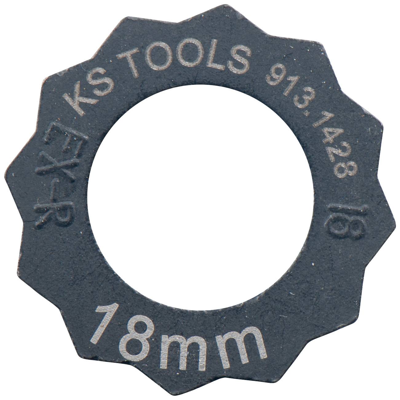 Čierny zvlnený kovový krúžok s nápisom 'KS TOOLS 913.1428 18mm KEX-R'.