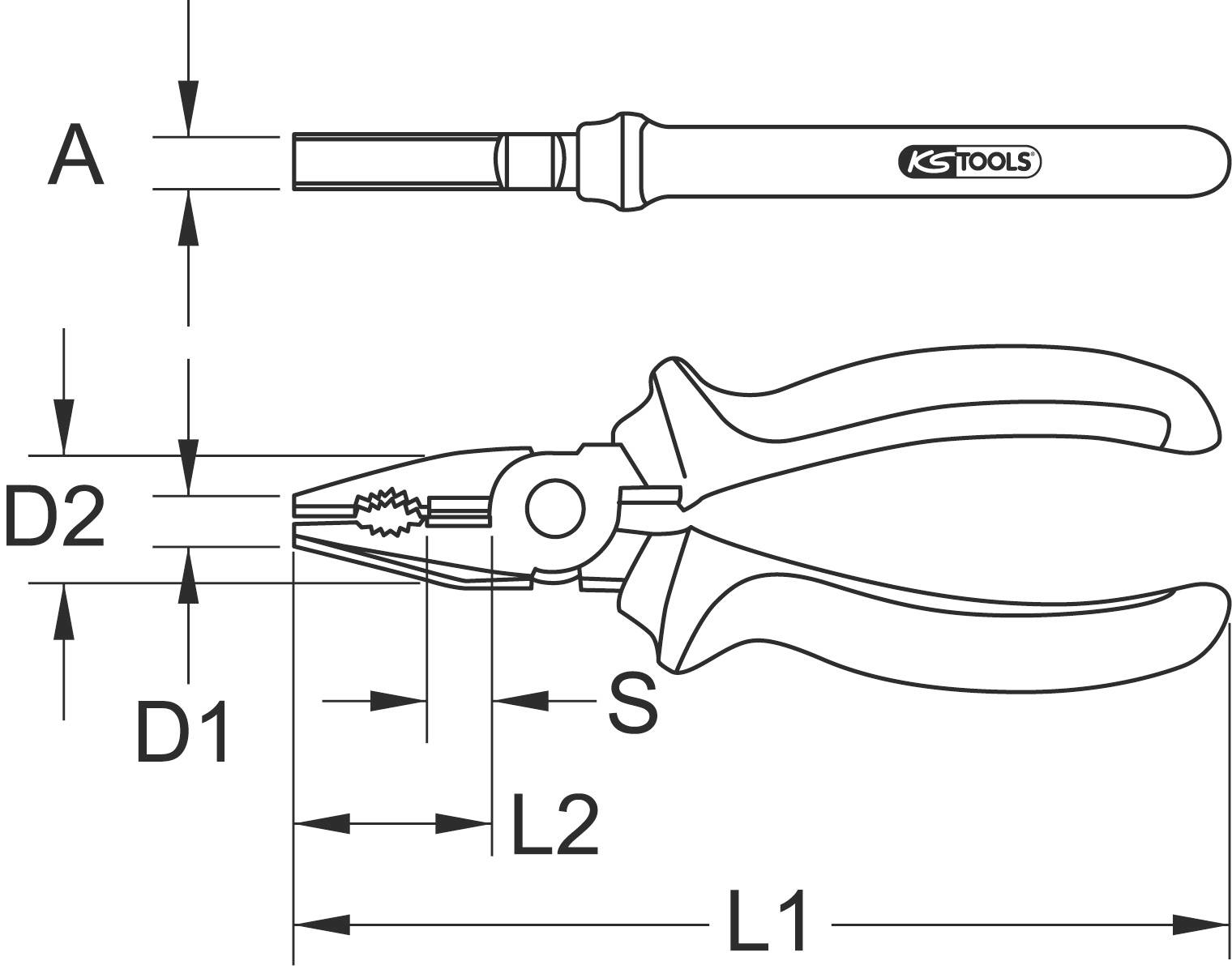 Zangová ilustrácia s rozmermi. Označené oblasti: A, D1, D2, L1, L2, S. Zobrazuje rôzne rozmery kliešťov v milimetroch.