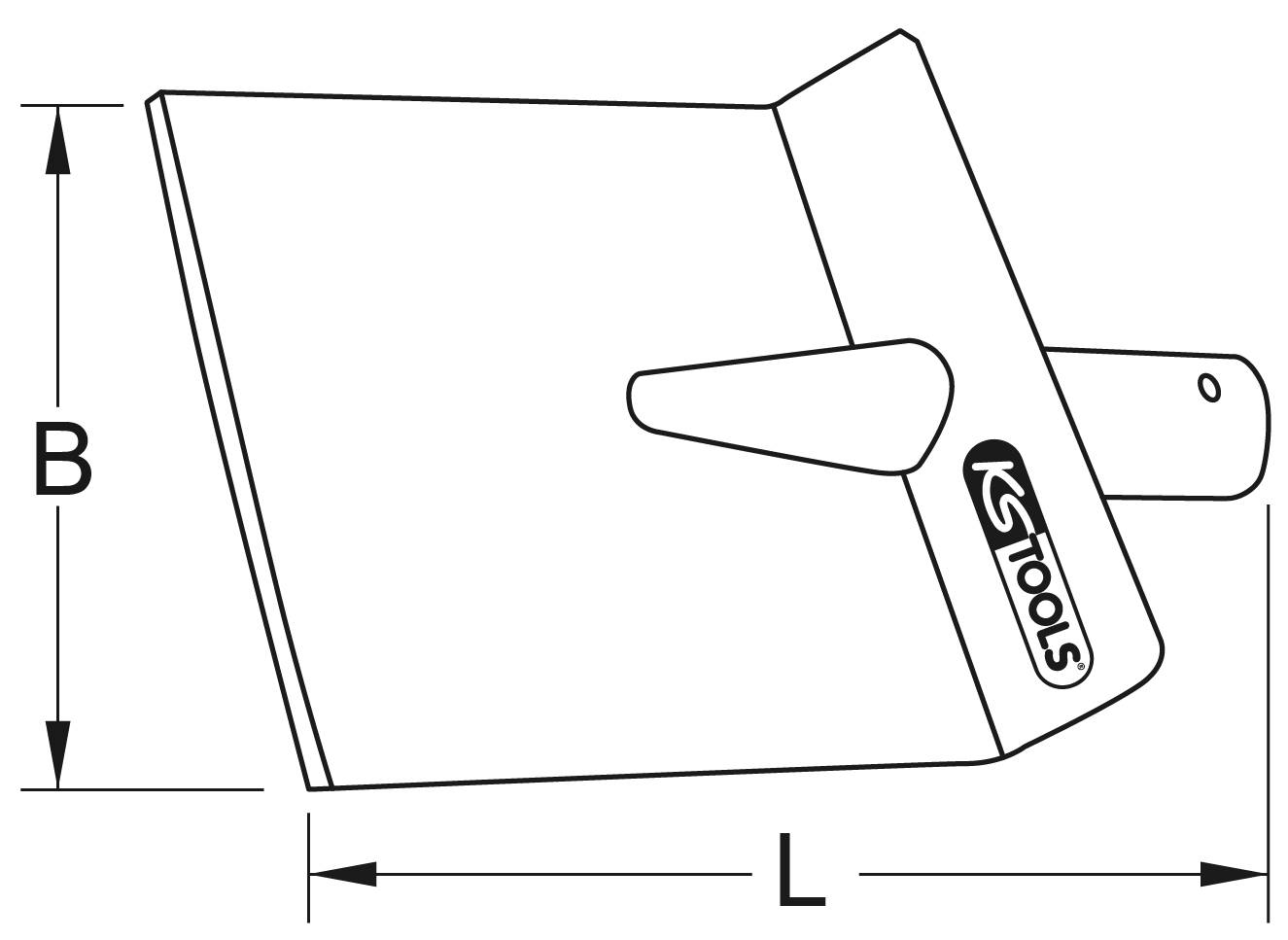 Obrázok dizajnu murárskej lyžice s označeniami 'L' a 'B' pre dĺžku a šírku. Obsahuje logo spoločnosti KS Tools.