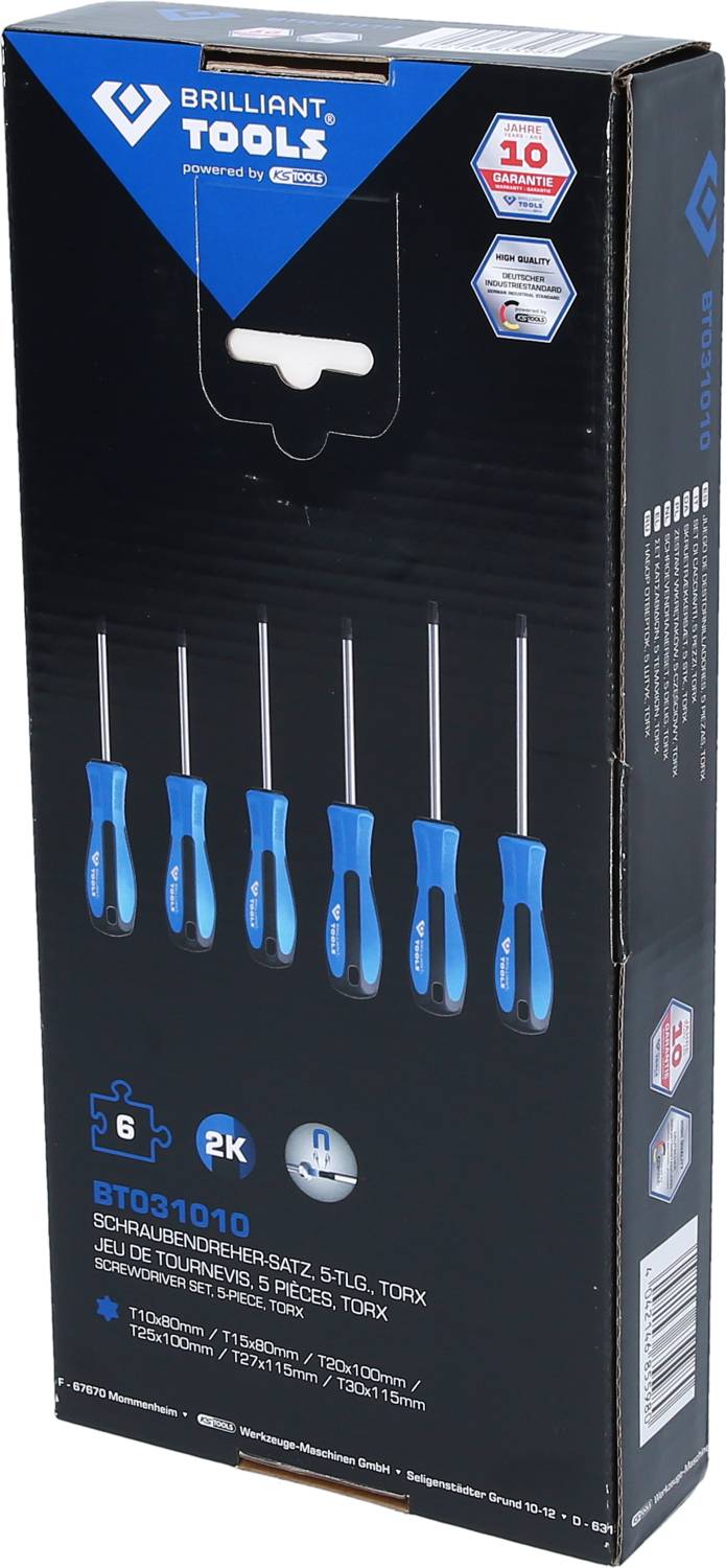 Obrázok sady skrutkovačov od Brilliant Tools. Zobrazuje šesť skrutkovačov s modrými rukoväťami a produktovými informáciami.