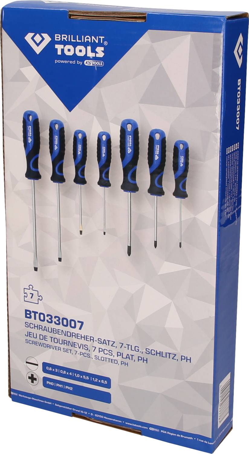 Balenie obsahuje 7-dielnu sadu skrutkovačov značky Brilliant Tools, model BT033007, vrátane plochých a krížových typov.