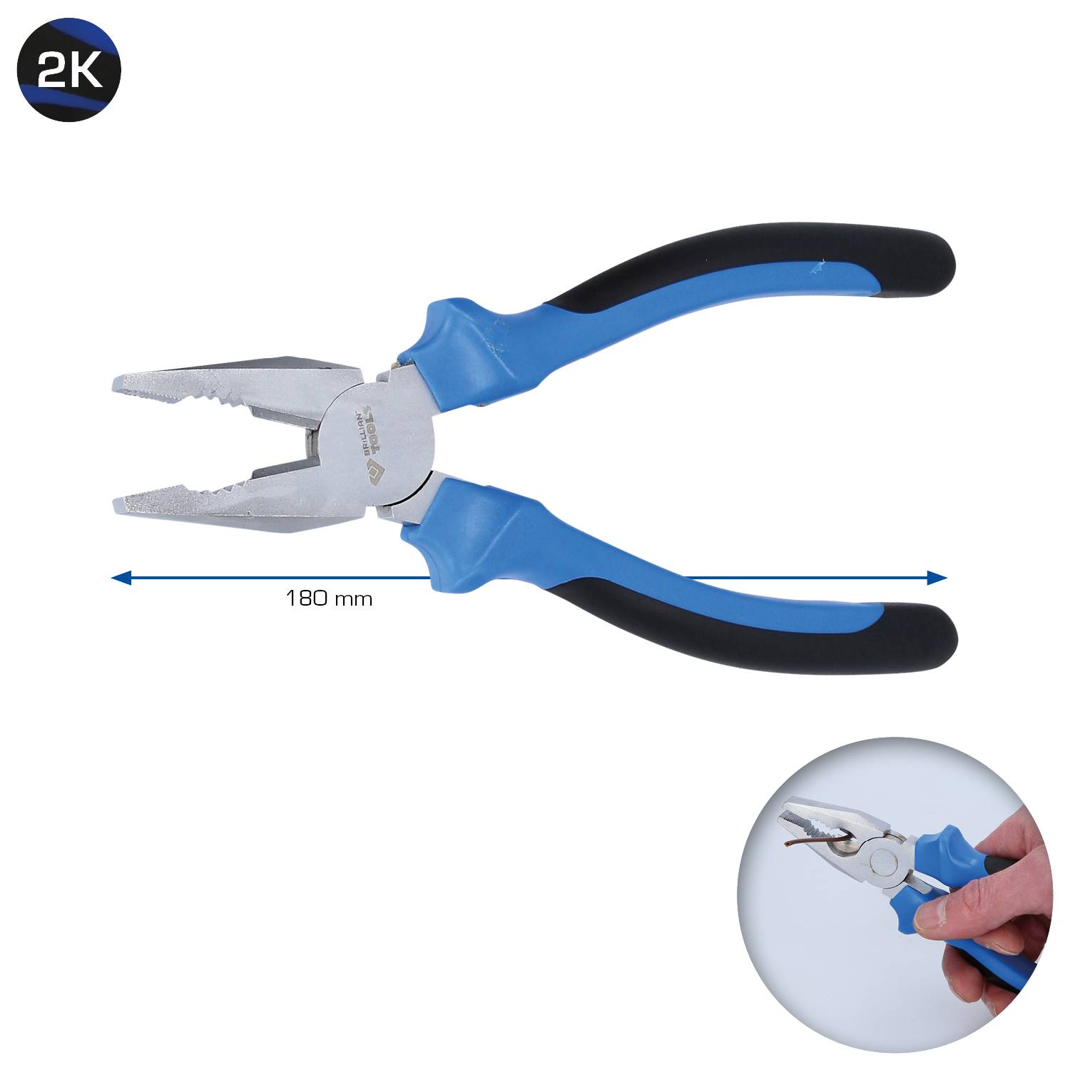 Modrá kombinačné kliešte s čiernymi rukoväťami, dlhé 180 mm. Dole vpravo detailný záber, kde niekto drží kliešte.