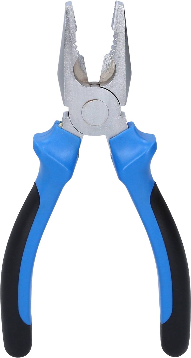 Modrá kombinované kliešte s čiernymi rukoväťami, otvorené a ležiace na bielom pozadí.