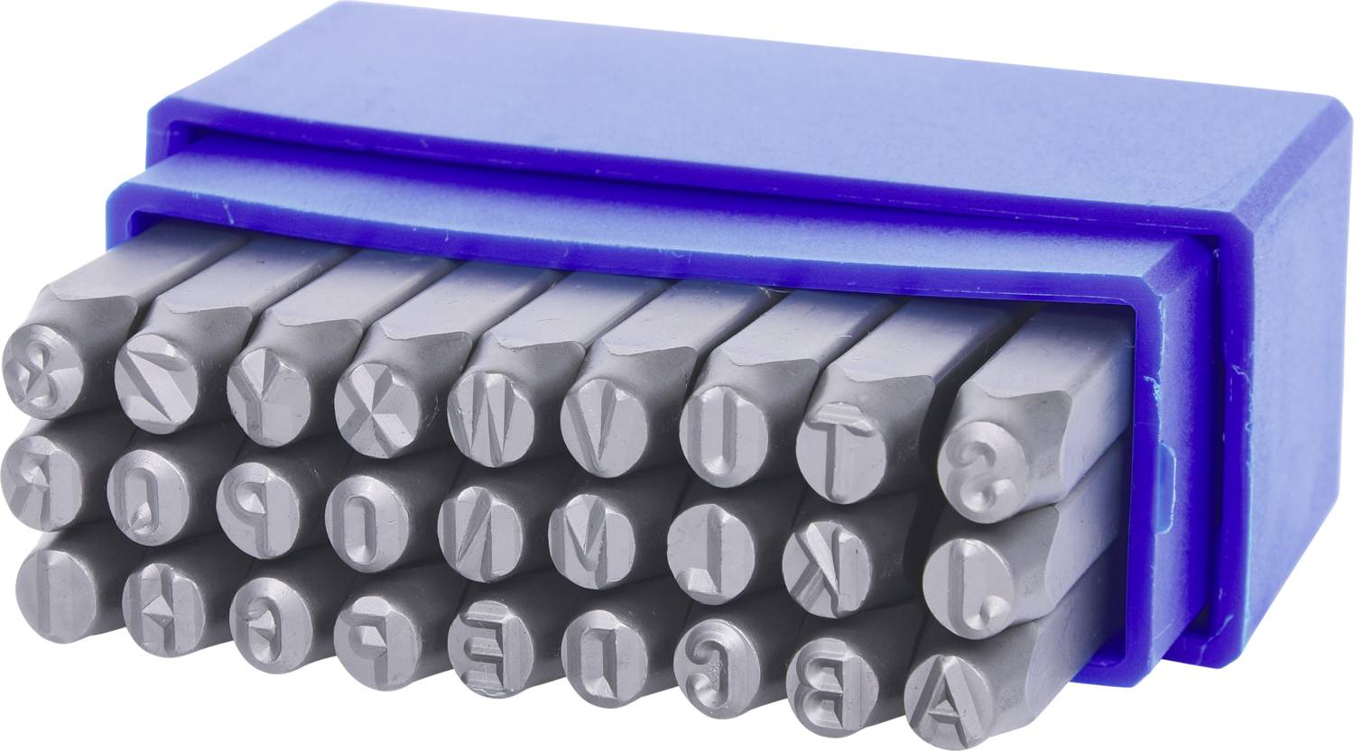 Modrý box s kovovými pečiatkami písmen A až Z v dvoch radoch.