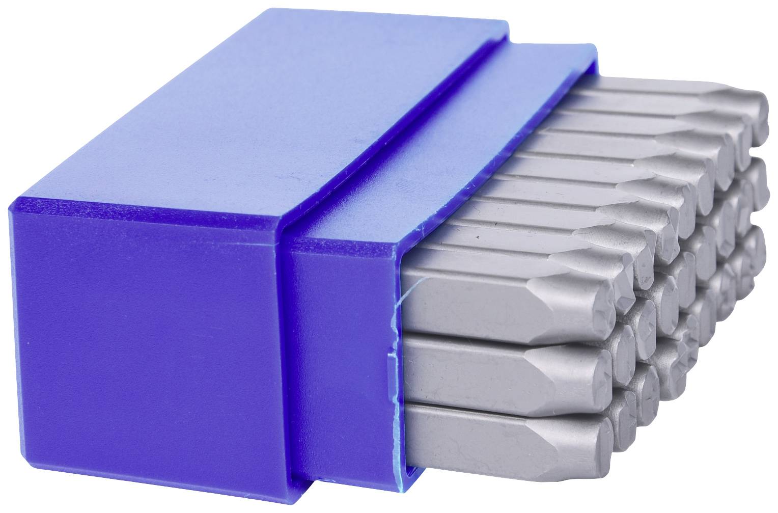 Modré púzdro s 12 striebornými kovovými skrutkovačmi, usporiadanými v peknom poriadku.