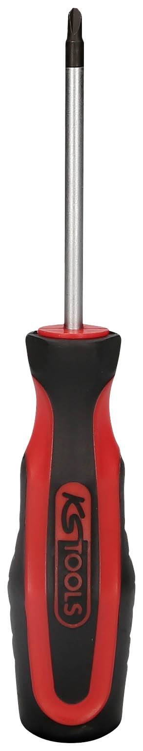 Červeno-čierny skrutkovač s ergonomickou rukoväťou a krížovou hlavicou.