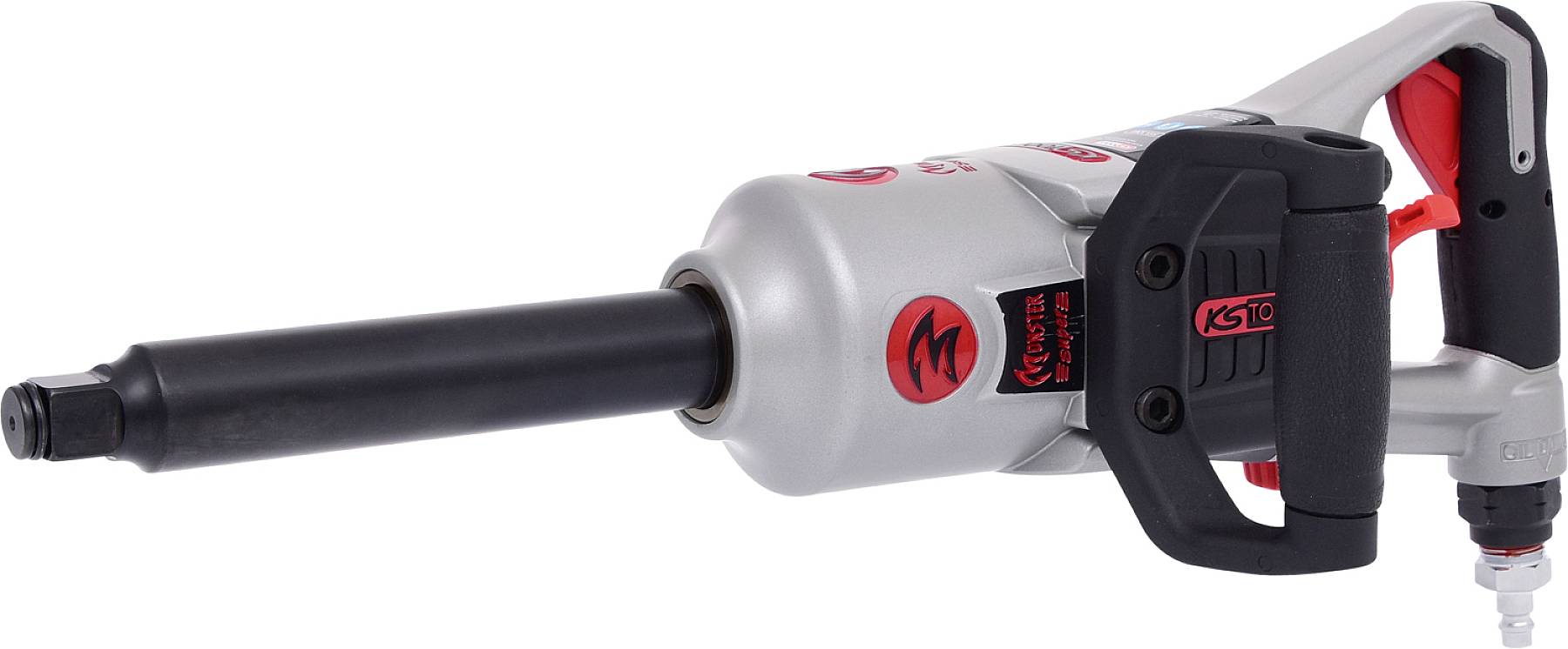 Pneumatický rázový uťahovák s dlhou hlavou a ergonomickým držadlom, vhodný pre intenzívne použitie v dielni.