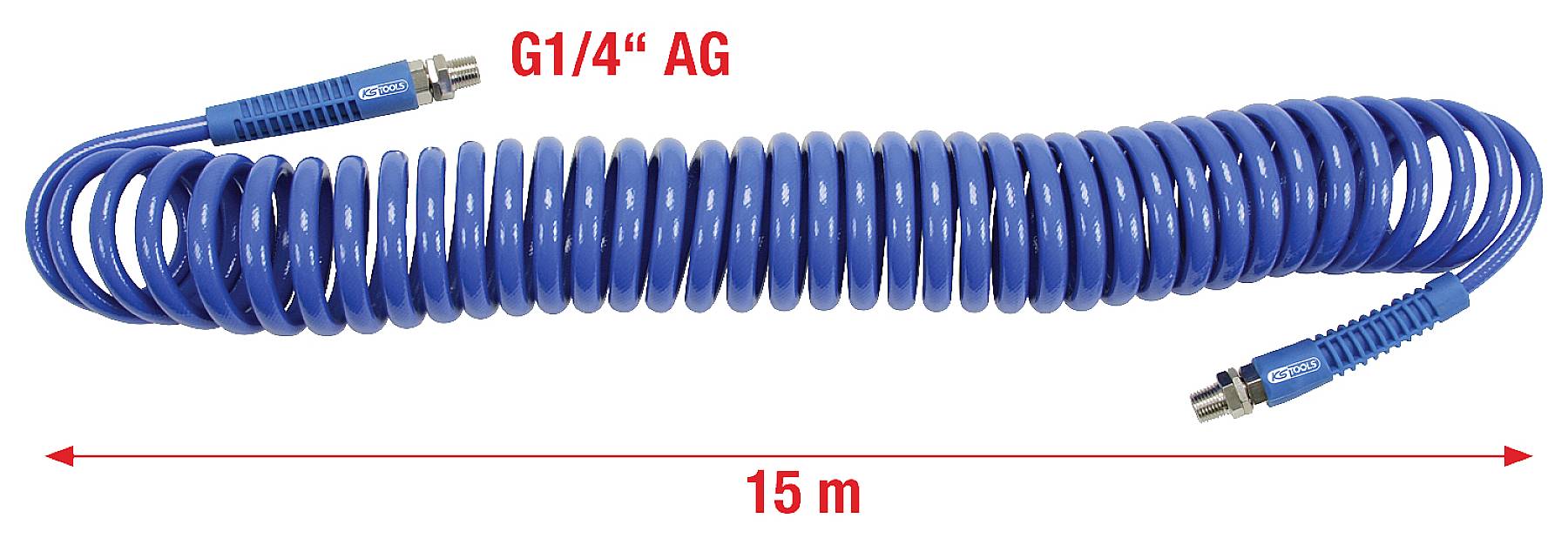 Modrá spirálová hadica so závitovým pripojením G1/4" a dĺžkou 15 m, vhodná pre aplikácie stlačeného vzduchu.