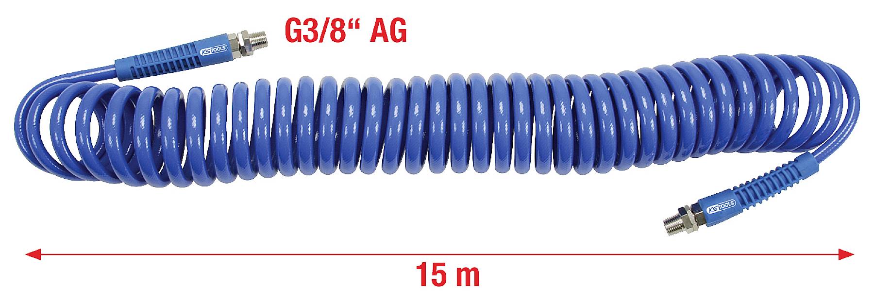 Modrá špirálová hadica, dĺžka 15 m, s vonkajším závitom G3/8'' na oboch koncoch.