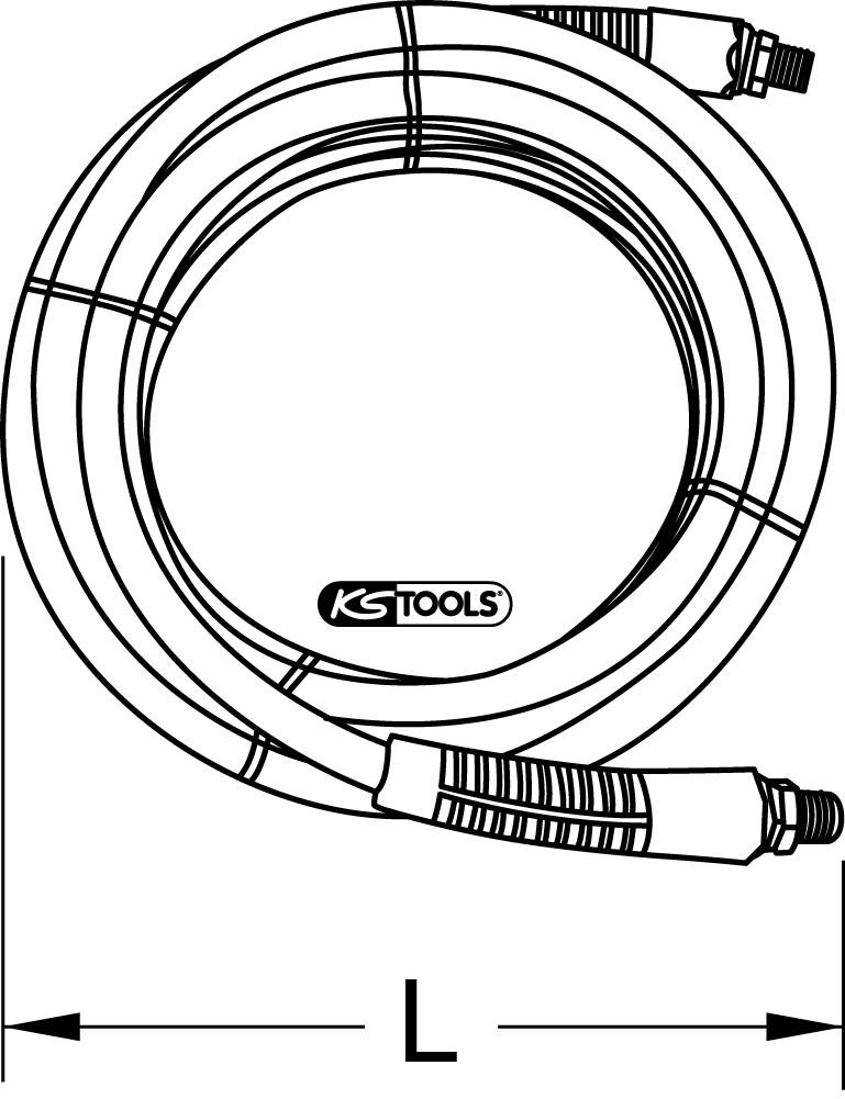 Nákres hadice so skrutkovými prípojkami. Hadica je zvinutá a v strede označená logom 'KS Tools'. Údaj o dĺžke je uvedený dole.
