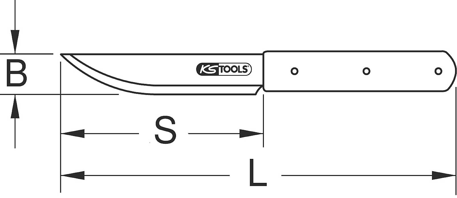Obrázok noža s vyznačením dĺžky (L), dĺžky čepele (S) a výšky (B); logo 'KS Tools' na noži.