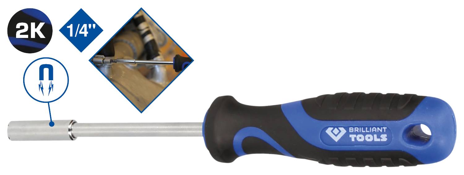 Skrutkovač s modro-čiernou rukoväťou, magnetickým hrotom. Určený pre 1/4" šesťhranné bity. Logo 'BRILLIANT TOOLS'.