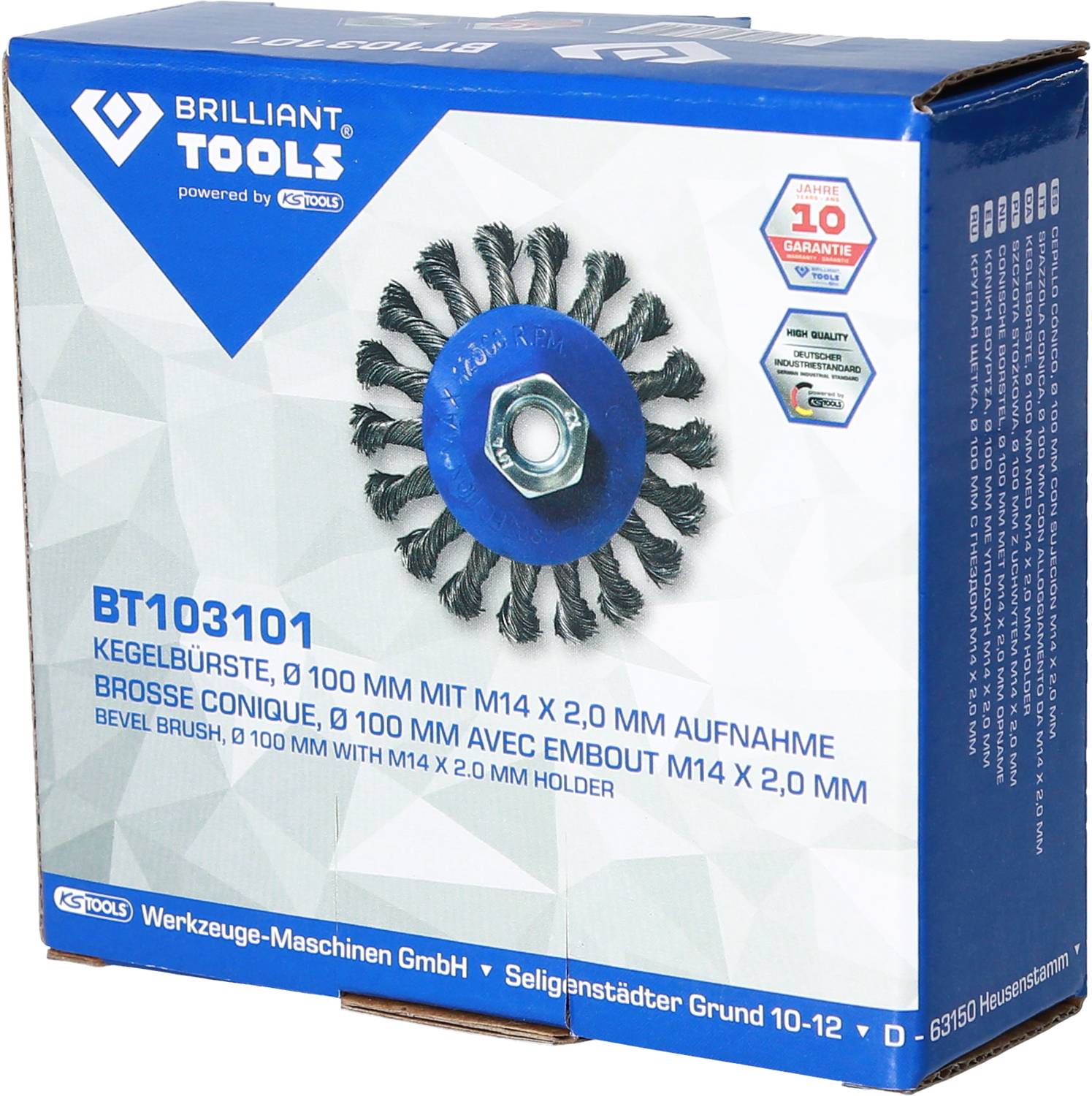 Obal kužeľovej kefy od Brilliant Tools. Zobrazuje obrázok produktu, katalógové číslo BT103101 a technické špecifikácie.