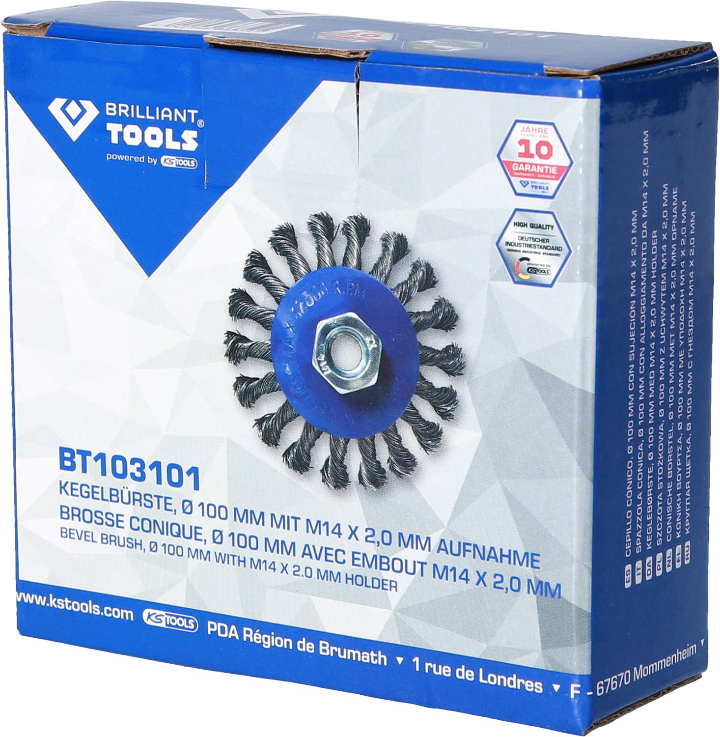 Brúsna kefa Brilliant Tools BT103101, priemer 100 mm, uchytenie M14 x 2,0 mm, na spracovanie kovu, na modrom obale.