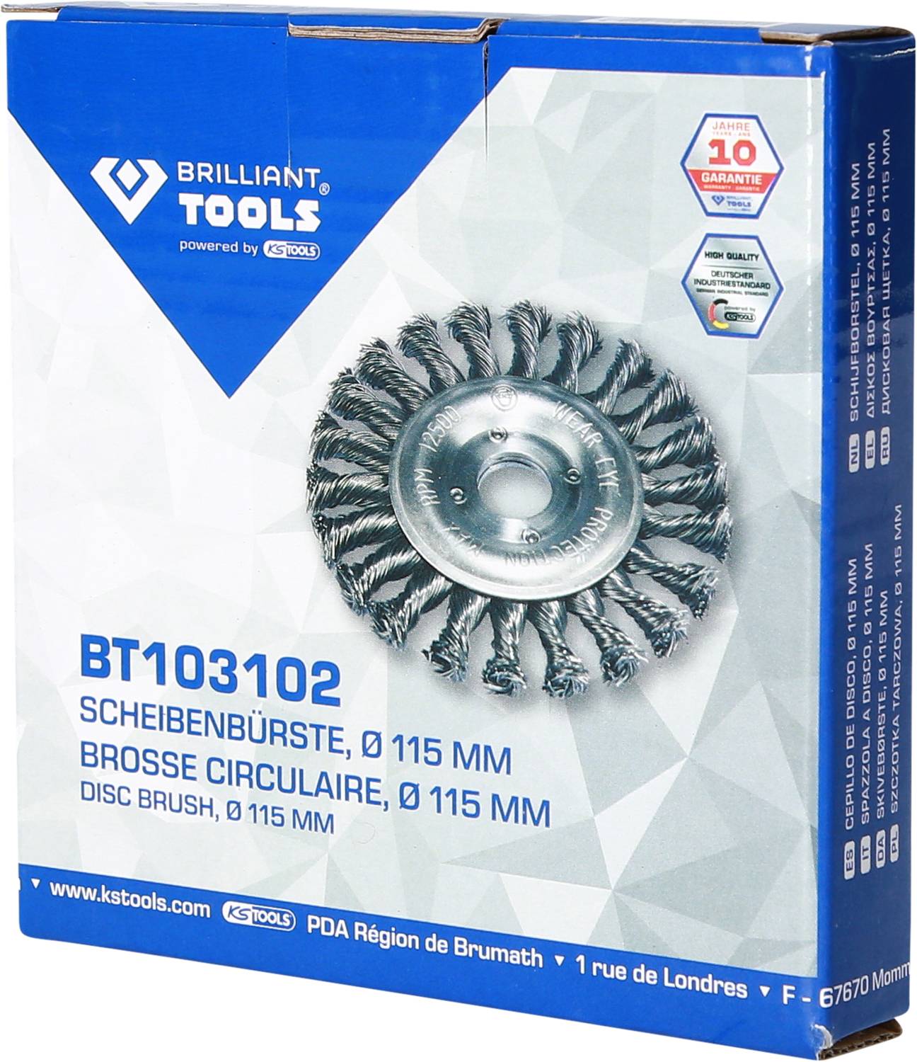 Kefa na kotúč BT103102 od Brilliant Tools, priemer 115 mm, zobrazená na obale produktu s upozornením na záruku.