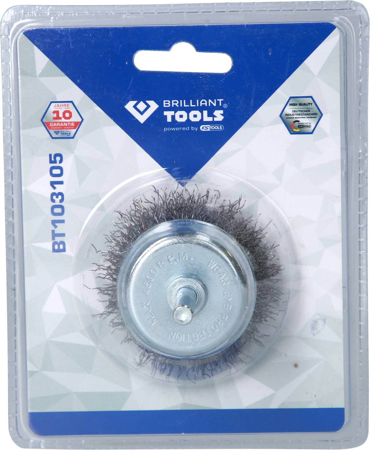 Drôtený kartáč v blistrovom balení, text: "Brilliant Tools", katalógové číslo výrobku BT103105.