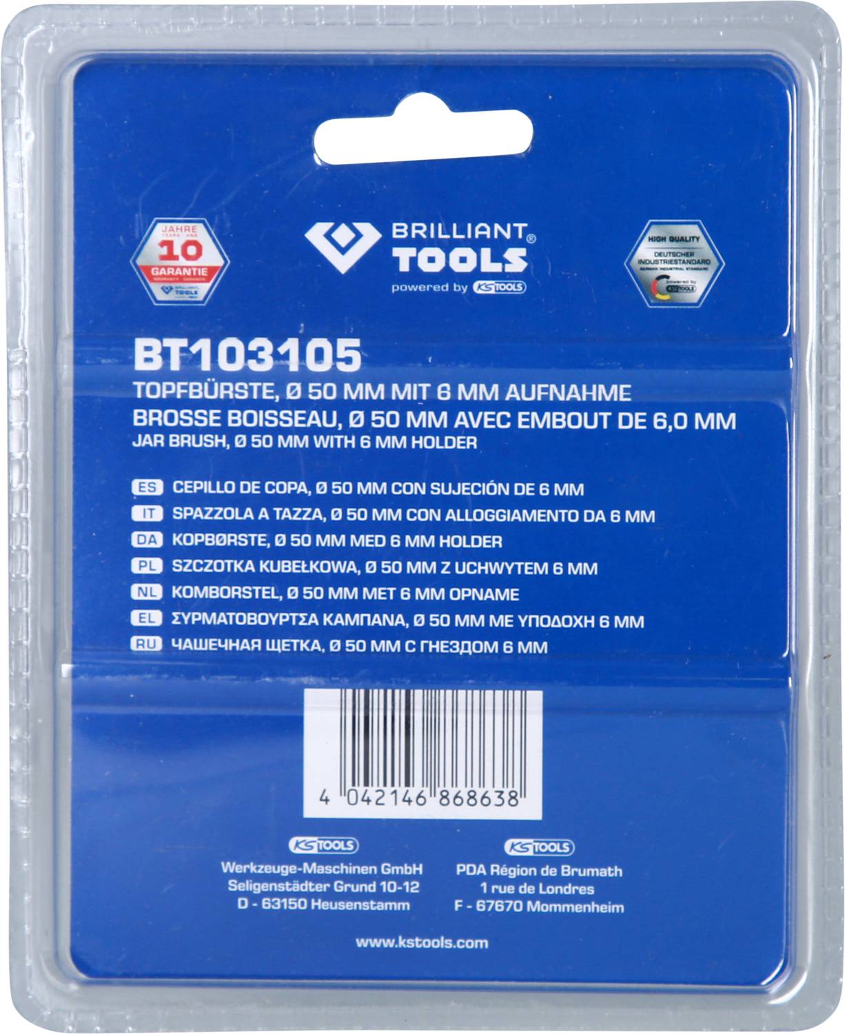 'Brilliant Tools BT103105: Štetcová kefa, 0,50 mm so 6 mm upínacou stopkou. Vhodná pre vŕtačky. Obsahuje výrobné informácie a adresu.'