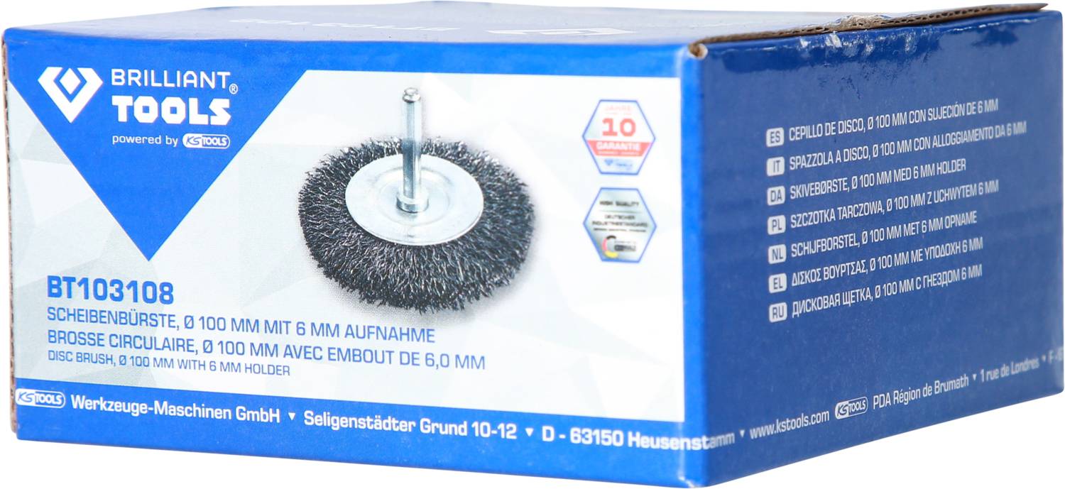 Dizajn obalu kefovej kefy značky Brilliant Tools, model BT103108. Detaily o veľkosti, priemere uchytenia a oblastiach použitia.