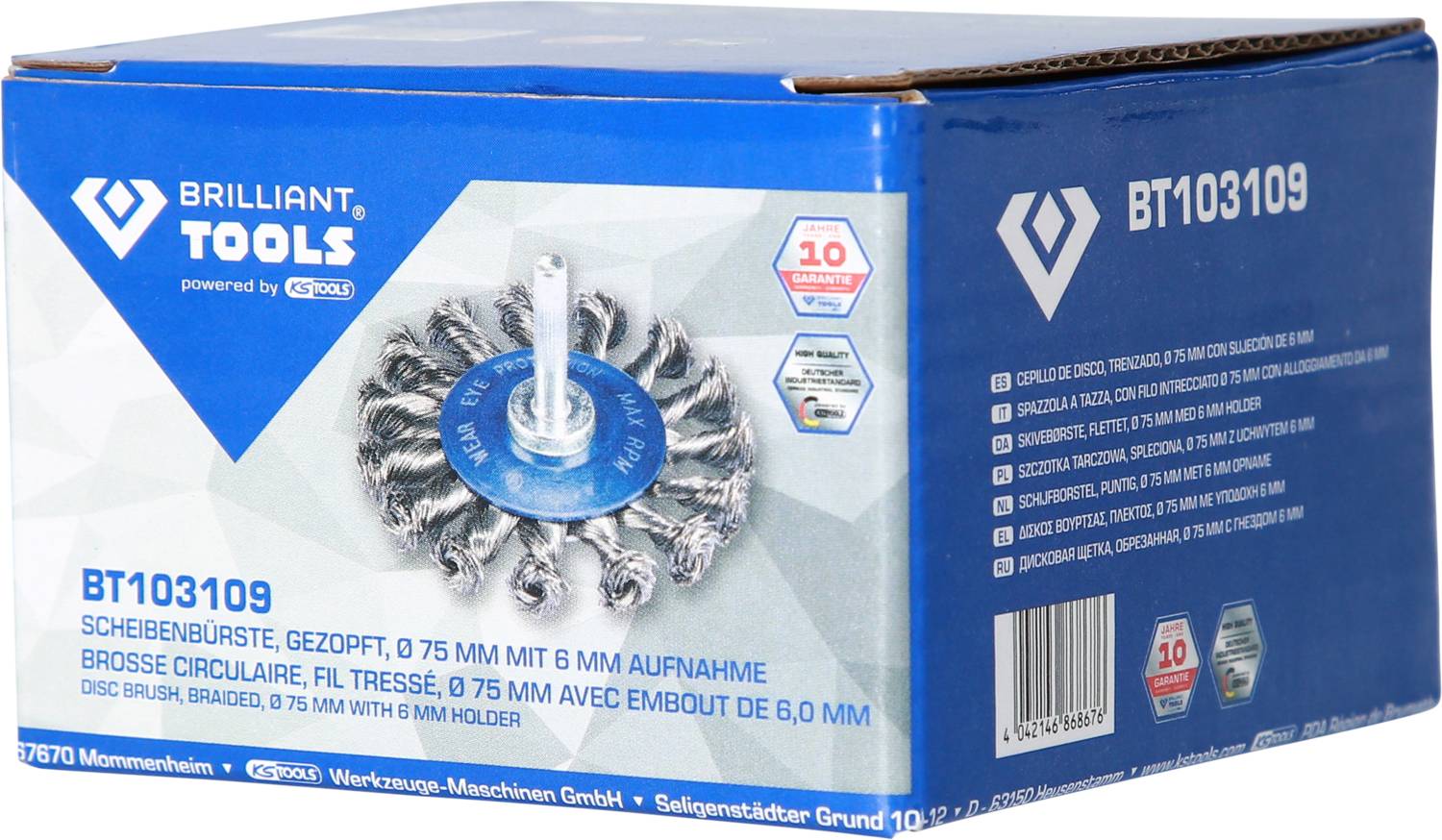 Škatuľa prepletanej tanierkovej kefy od Brilliant Tools, priemer 75 mm, so 6 mm upínacím otvorom. Obal zobrazuje produkt a logá.
