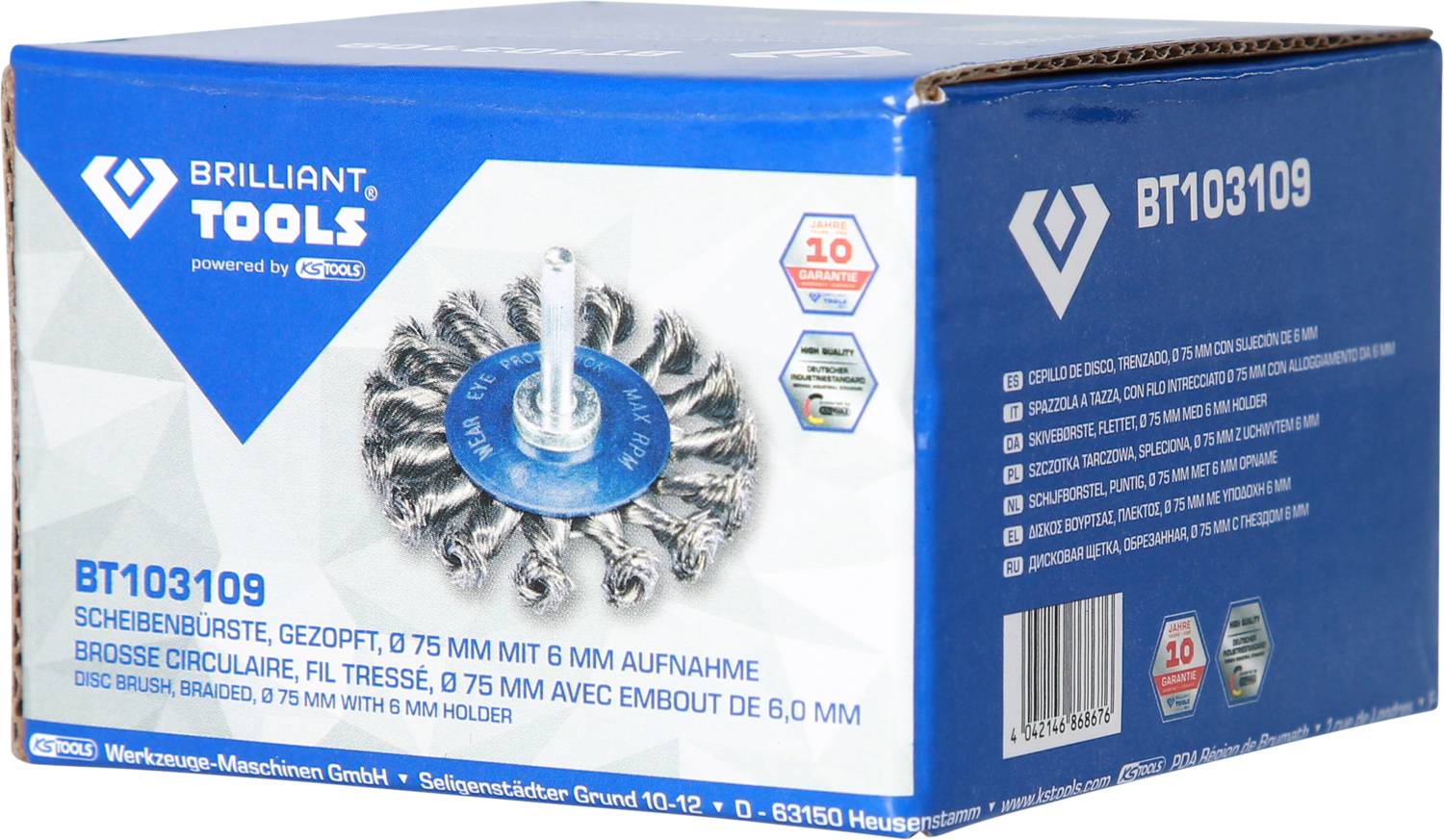 Škatuľa s prepletanou kefou na čistenie s logom Brilliant Tools. Potlač uvádza číslo modelu 'BT103109' a poukazuje na 10-ročnú záruku.