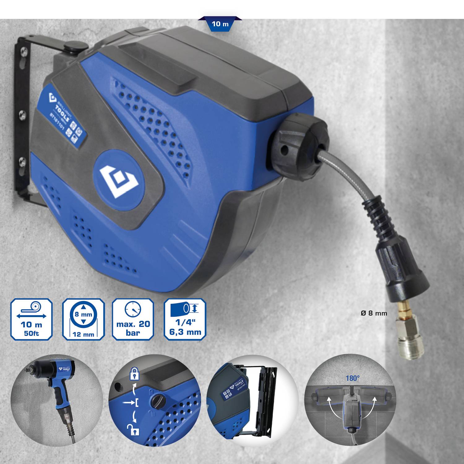 Automatický navíjač vzduchovej hadice, 10 m, 20 bar, upevnený na betónovej stene. Vrátane otočného držiaka a možnosťou otáčania o 180°.