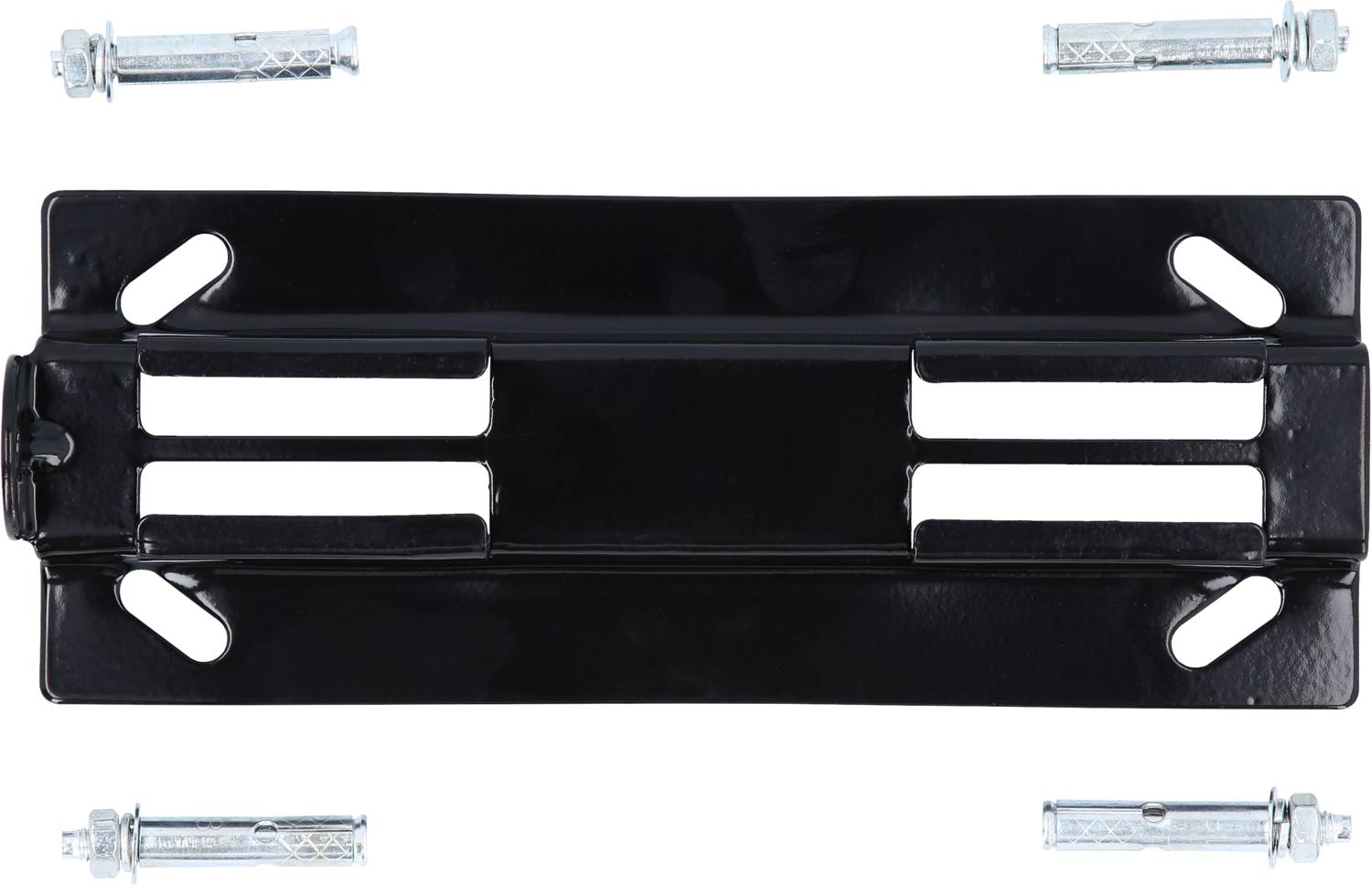 Kovový držiak čiernej farby so štyrmi hmoždinkami, vhodný na montáž na stenu.