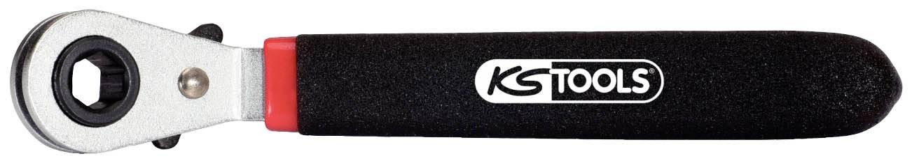 Račňový kľúč s čiernou rukoväťou a logom 'KS TOOLS', vhodný pre práce v dielni a úpravu skrutiek.