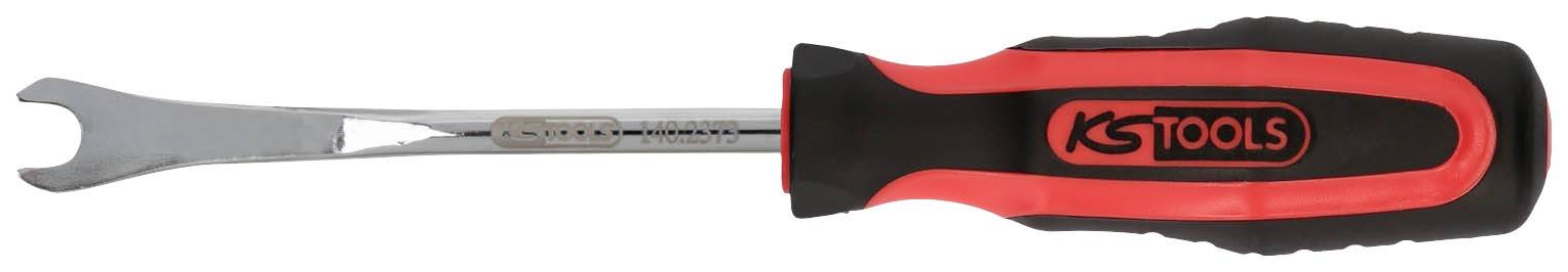 Čierno-červený nástroj s ergonomickou rukoväťou a rozdelenou kovovým čepeľou, pravdepodobne určený na odstraňovanie obloženia alebo klipov.