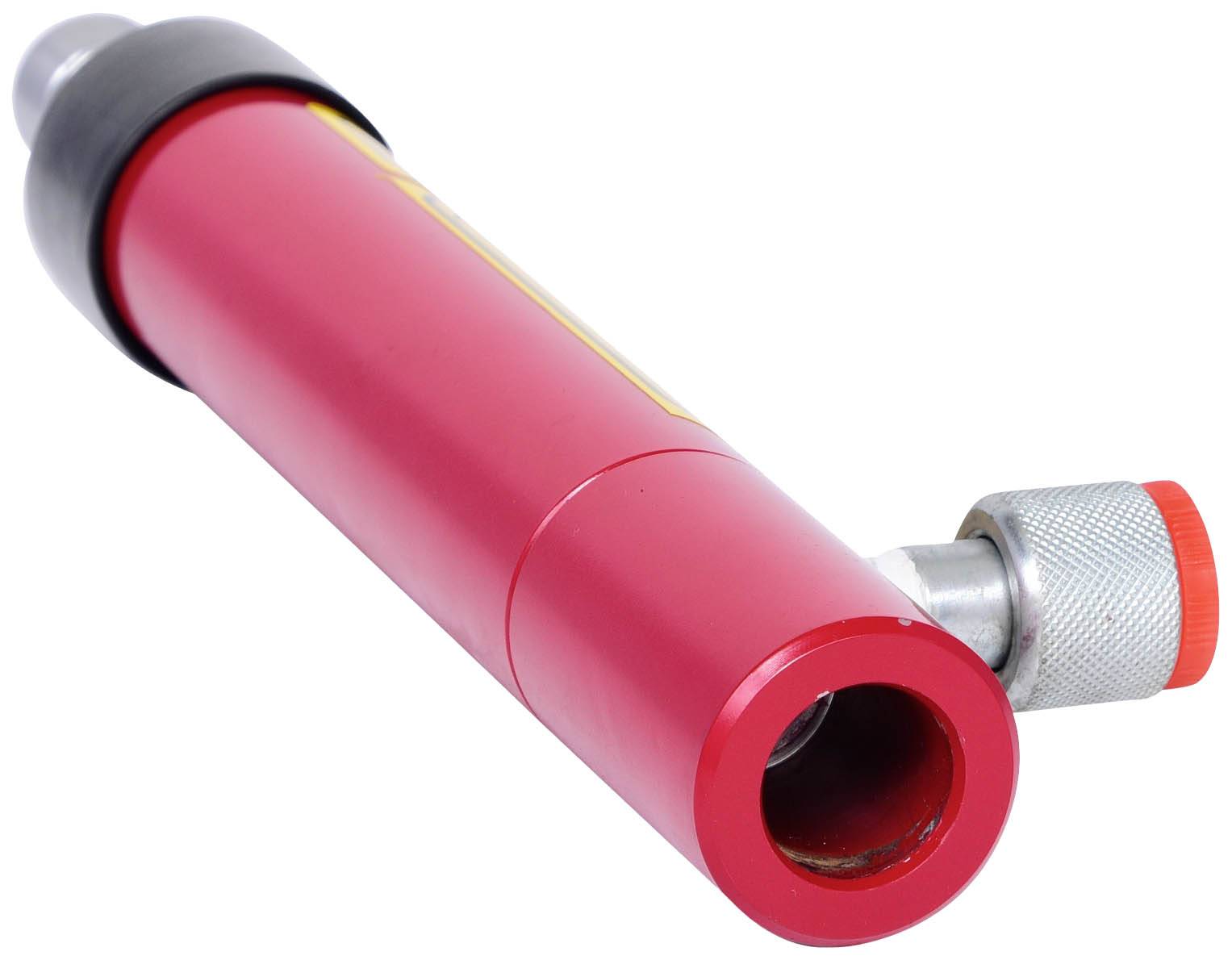 Červená hydraulická valcová pumpa s bočným pripojením. Používa sa na prenos alebo podporu hydraulickej energie.