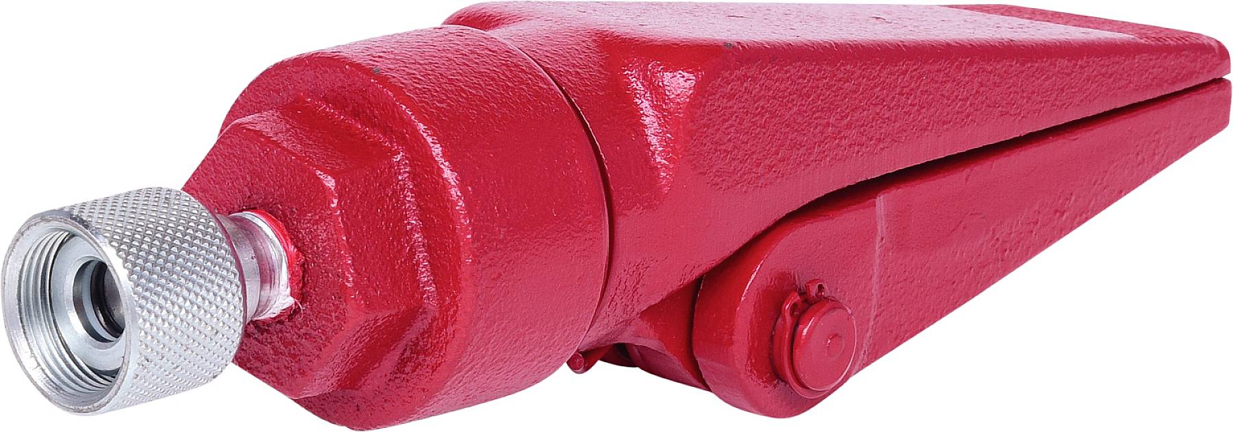 Červená mechanická páka s kovovým držadlom, pravdepodobne súčasť nejakého nástroja alebo stroja, izolovaná na bielom pozadí.