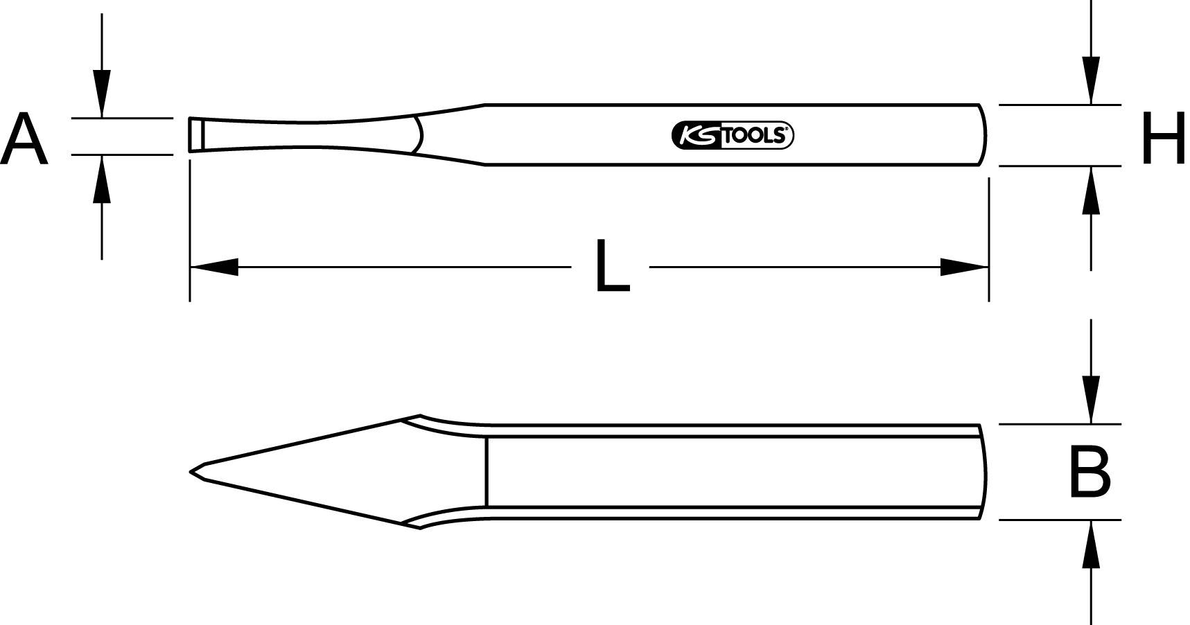'Technický výkres dláta s rozmermi: A, B, L, H. Hore plochý, smerom dole zužujúci sa do špicu. Označený logom KS Tools.'